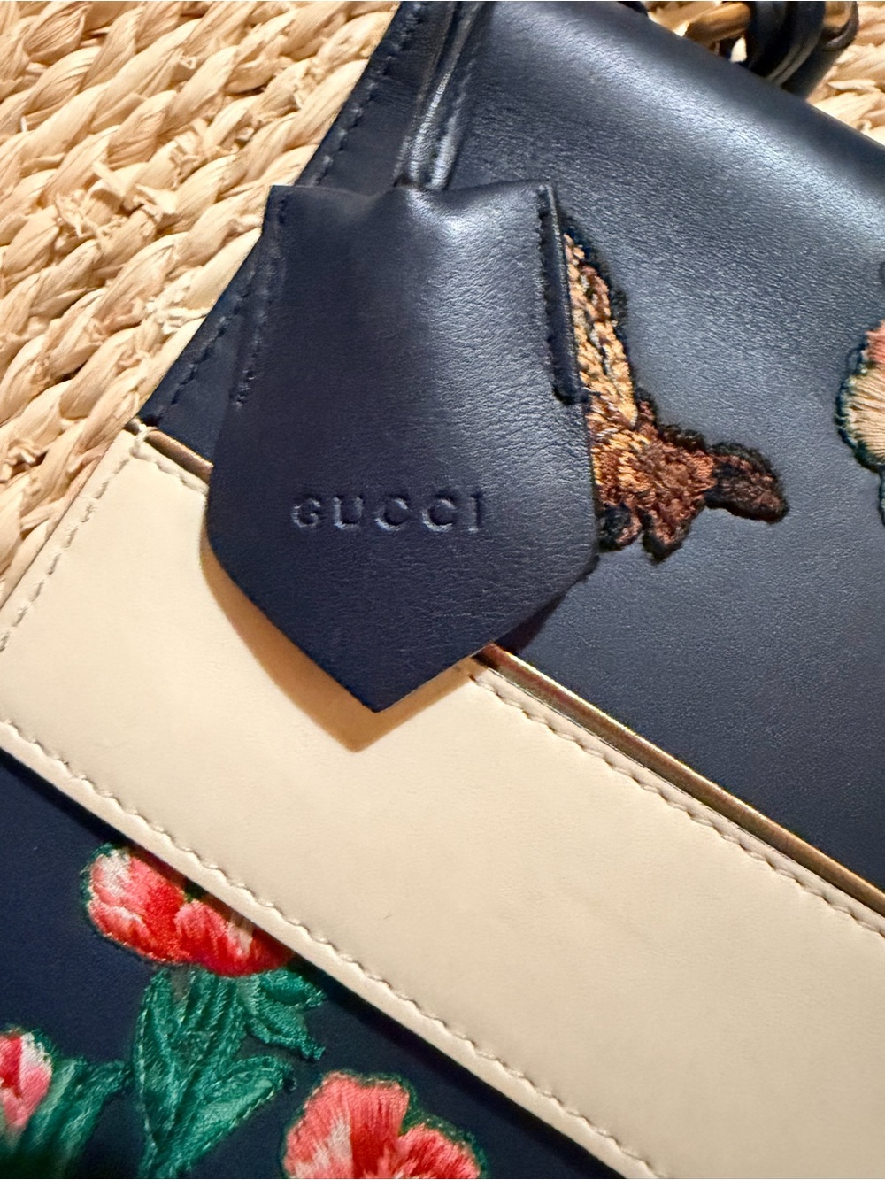 Gucci Blue Leather Striped Embroidered Riche Shoulder Bag - Picture 3 of 16